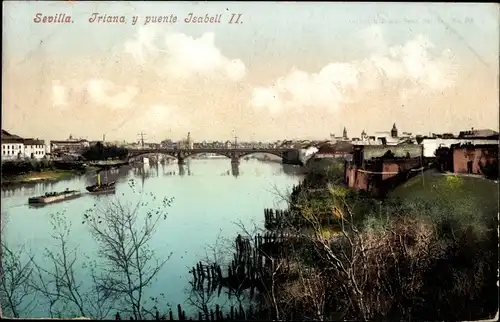 Ak Sevilla Andalusien Spanien, Triana y puente Isabell II, Teilansicht der Stadt, Brücke