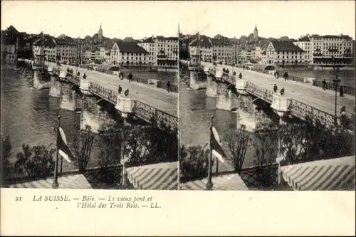 Stereo Ak Bâle Basel Stadt Schweiz, Le Vieux Pont et l'Hotel des Trois Rois