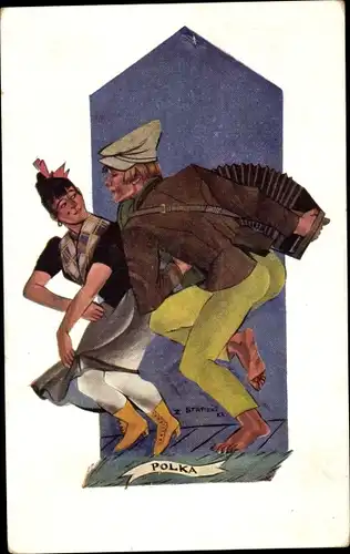 Künstler Ak Stryjensko, La Polka, Paar in polnischen Trachten, Tänzer