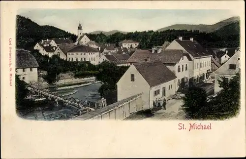Ak Sankt Michael in Obersteiermark, Teilansicht mit Brücke