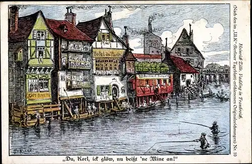 Künstler Ak Zille, Heinrich, Vadding in Frankreich, Soldaten im Wasser beim Angeln, I. WK