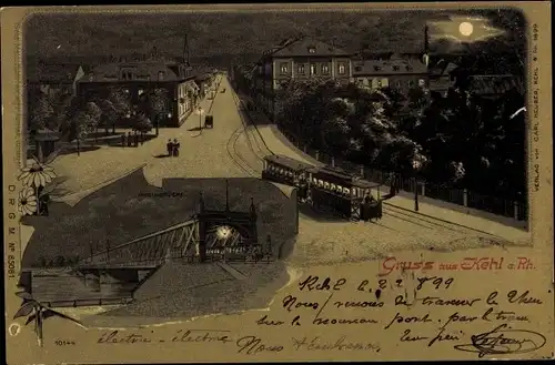 Mondschein Litho Kehl am Rhein, Rheinbrücke, Straßenbahn