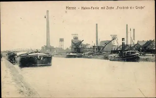 Ak Herne im Ruhrgebiet Westfalen, Hafenpartie mit Zeche Friedrich der Große