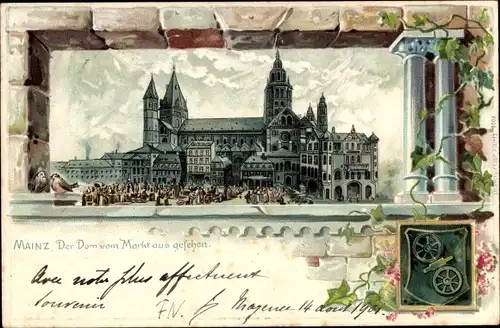 Präge Wappen Litho Mainz am Rhein, Dom vom Markt aus gesehen