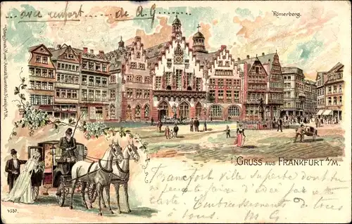 Litho Frankfurt am Main, Römerberg, Hochzeitskutsche
