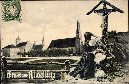 Ak Altötting in Oberbayern, Betende Frau, Kreuz, Jesus, Kirche