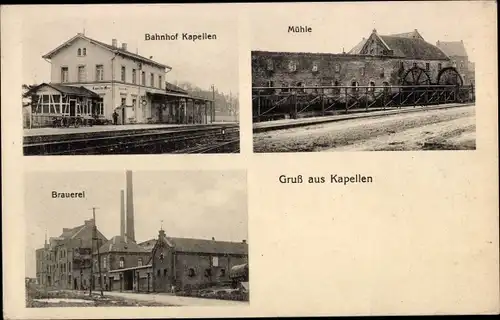 Ak Kapellen Grevenbroich, Bahnhof, Gleisseite, Mühle, Brauerei