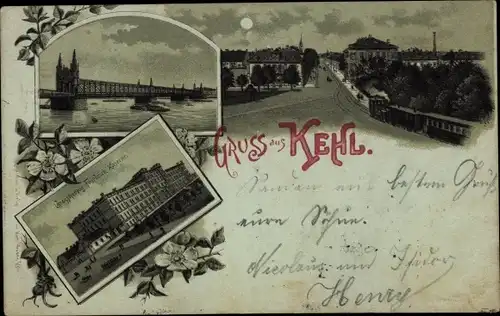 Vorläufer Mondschein Litho Kehl am Rhein, Brücke, Kaserne, Stadtansicht, 1893