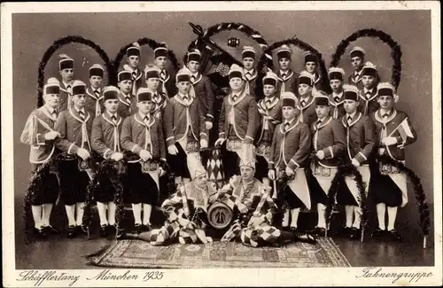 Ak München Bayern, Schäfflertanz 1935, Fahnengruppe