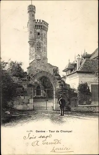 Ak Genf, Tour de Champel, Mann am Tor schaut auf Turm