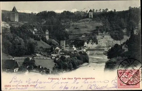 Ak Fribourg Freiburg Stadt Schweiz, Les deux Ponts suspendus