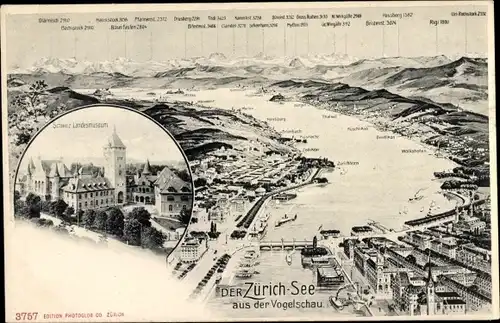 Ak Zürich, Der See aus der Vogelschau, Landesmuseum