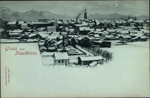 Mondschein Ak Traunstein in Oberbayern, Blick auf den Ort im Winter