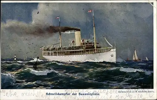 Künstler Ak Schnelldampfer der Sassnitzlinie, Reederei Braeunlich Stettin