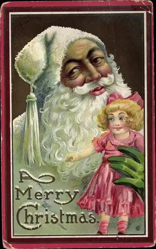 Präge Litho Glückwunsch Weihnachten, Weihnachtsmann mit Puppe