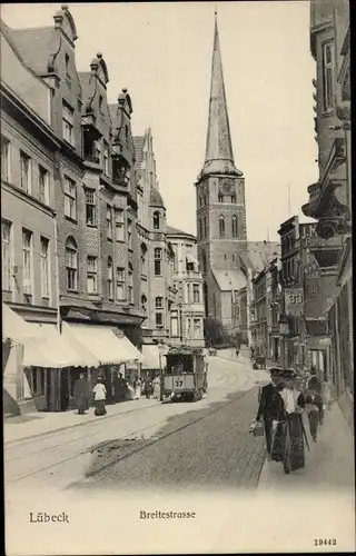 Ak Lübeck in Schleswig Holstein, Breitestraße, Straßenbahn 37, Kirche