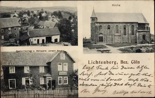 Ak Lichtenberg Morsbach im Oberbergischen Kreis, Kirche, Gastwirtschaft und Metzgerei