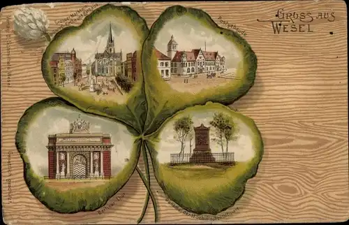 Kleeblatt Litho Wesel am Niederrhein, Markt, Rathaus, Post, Denkmal, Berliner Tor