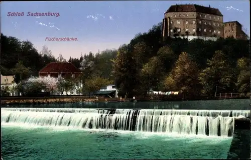Ak Frankenberg an der Zschopau, Schloss Sachsenburg, Fischerschänke, Wehr