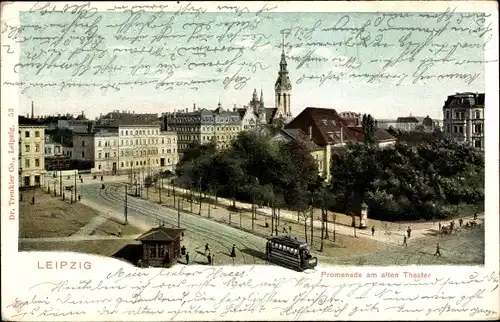 Ak Leipzig in Sachsen, Promenade am alten Theater, Straßenbahn