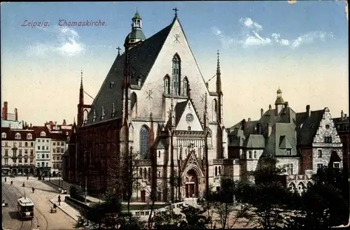 Ak Leipzig, Thomaskirche, Straßenbahn