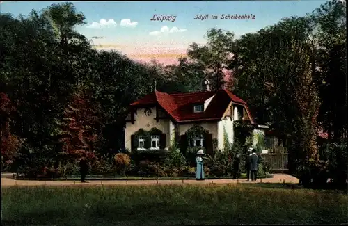 Ak Leipzig in Sachsen, Idyll im Scheibenholz, Spaziergänger