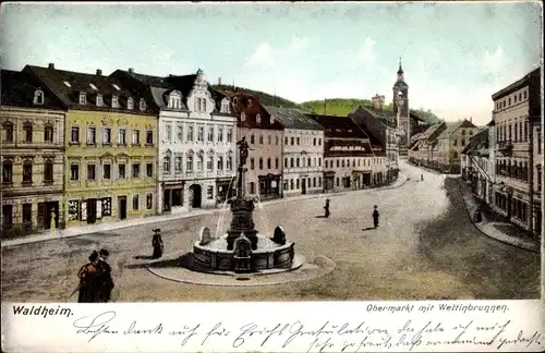 Ak Waldheim in Sachsen, Obermarkt mit Wettinbrunnen