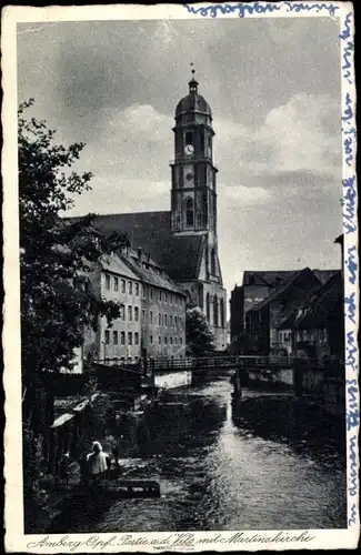 Ak Amberg in der Oberpfalz Bayern, Partie an der Vils mit Martinskirche