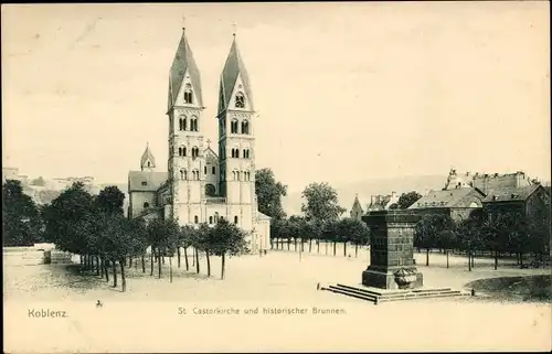 Ak Koblenz am Rhein, St. Castor Kirche, historischer Brunnen