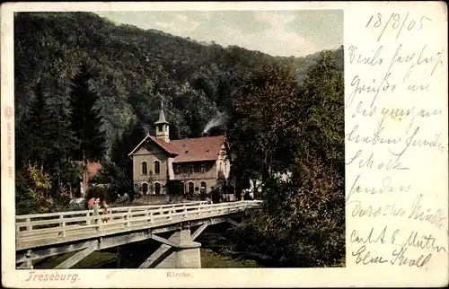 Ak Treseburg Thale im Harz, Kirche, Holzbrücke