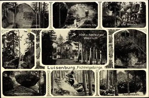 Ak Luisenburg Wunsiedel in Oberfranken, Hotel Waldlust, Bundesstein, Drei Brüder, Napoleonshut