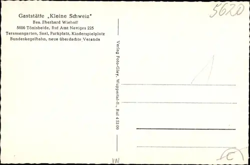 Ak Tönisheide Neviges Velbert Westfalen, Gaststätte Kleine Schweiz, Inh. Eberhard Wiehoff, Kegelbahn