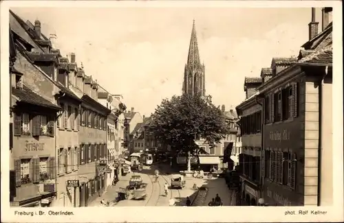 Ak Freiburg im Breisgau, Oberlinden, Friseur, Kirchturm