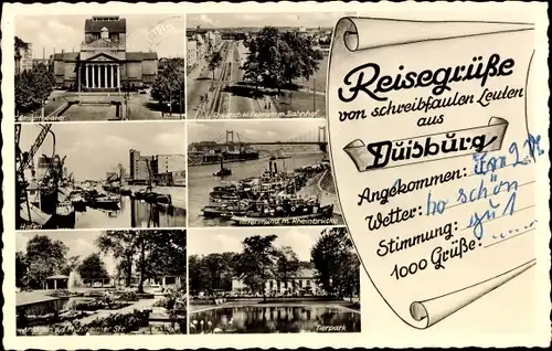 Ak Duisburg im Ruhrgebiet, Bahnhof, Hafen, Tierpark, Stadttheater, Rheinbrücke