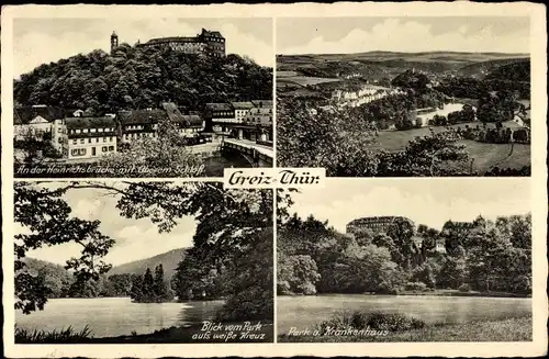 Ak Greiz im Vogtland, Heinrichsbrücke, Oberes Schloss, Blick vom Park aufs weiße Kreuz, Krankenhaus