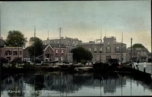 Ak Almelo Overijssel Niederlande, Kanaal met markt