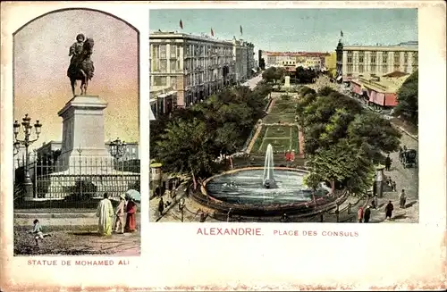 Ak Alexandria Ägypten, Place des Consuls, Statue de Mohamed Ali