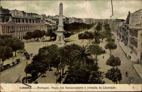 Ak Lisboa Lissabon Portugal, Prada dos Restauradores e Avenida da Liberdade