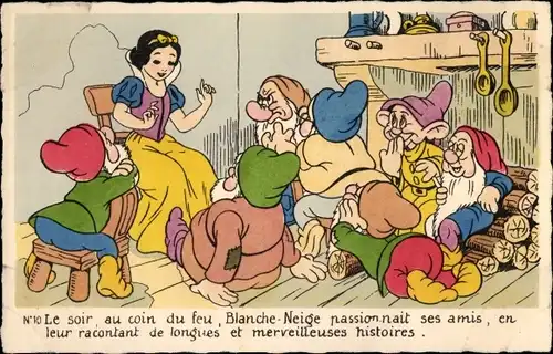 Ak Schneewittchen und Zwerge, Le soir, au coin du feu, Blanche Neige passionnait ses amis...