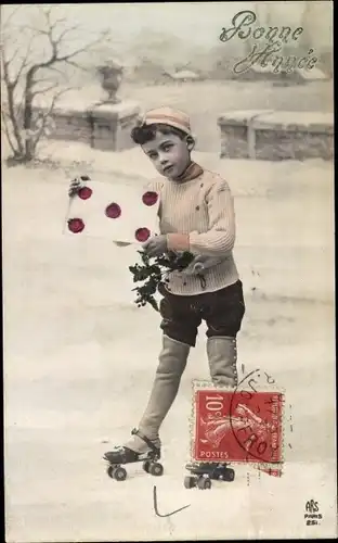 Ak Glückwunsch Neujahr, Junge beim Rollschuhfahren, Brief