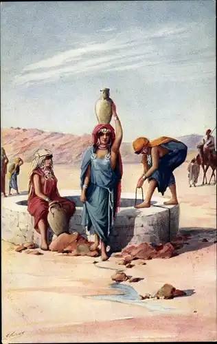 Künstler Ak Frauen holen Wasser an einem Bunnen, Wüste, Kamel