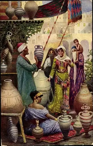 Künstler Ak Ägypten, The Vase Seller, Vasenverkäufer, Markt