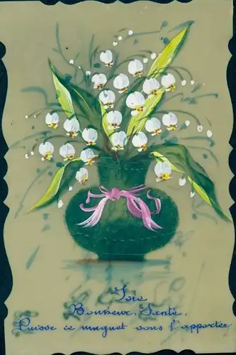 Zelluloid Ak Maiglöckchen in der Blumenvase