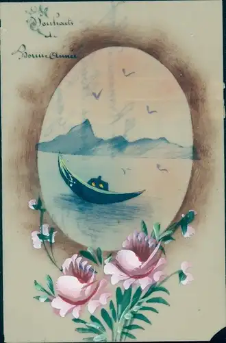 Zelluloid Ak Glückwunsch Neujahr, Blumen, Ruderpartie