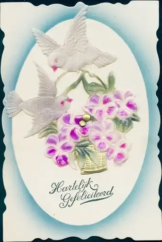 Stoff Ak Glückwunsch, Hartelijk Gefeliciteerd, Tauben, Blumenkorb