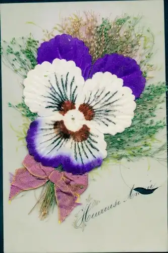 Zelluloid Ak Glückwunsch Neujahr, Stiefmütterchen, Stoffschleife, Echte Pflanze