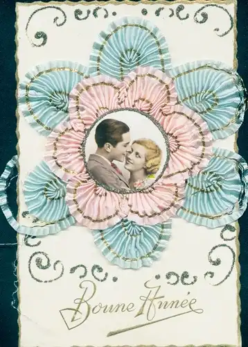 Stoff Glitzer Ak Glückwunsch Neujahr, Liebespaar, Blume