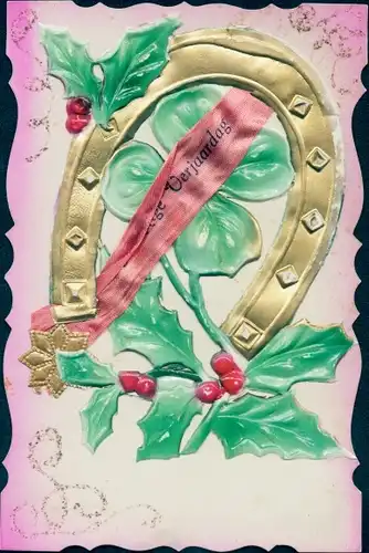 Zelluloid Ak Glückwunsch Geburtstag, Hufeisen, Stechpalme