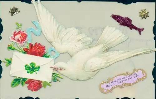 Zelluloid Ak Taube, Rosen, Brief, Fisch