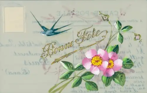 Zelluloid Ak Glückwunsch, Bonne Fete, Schwalben, Blumen